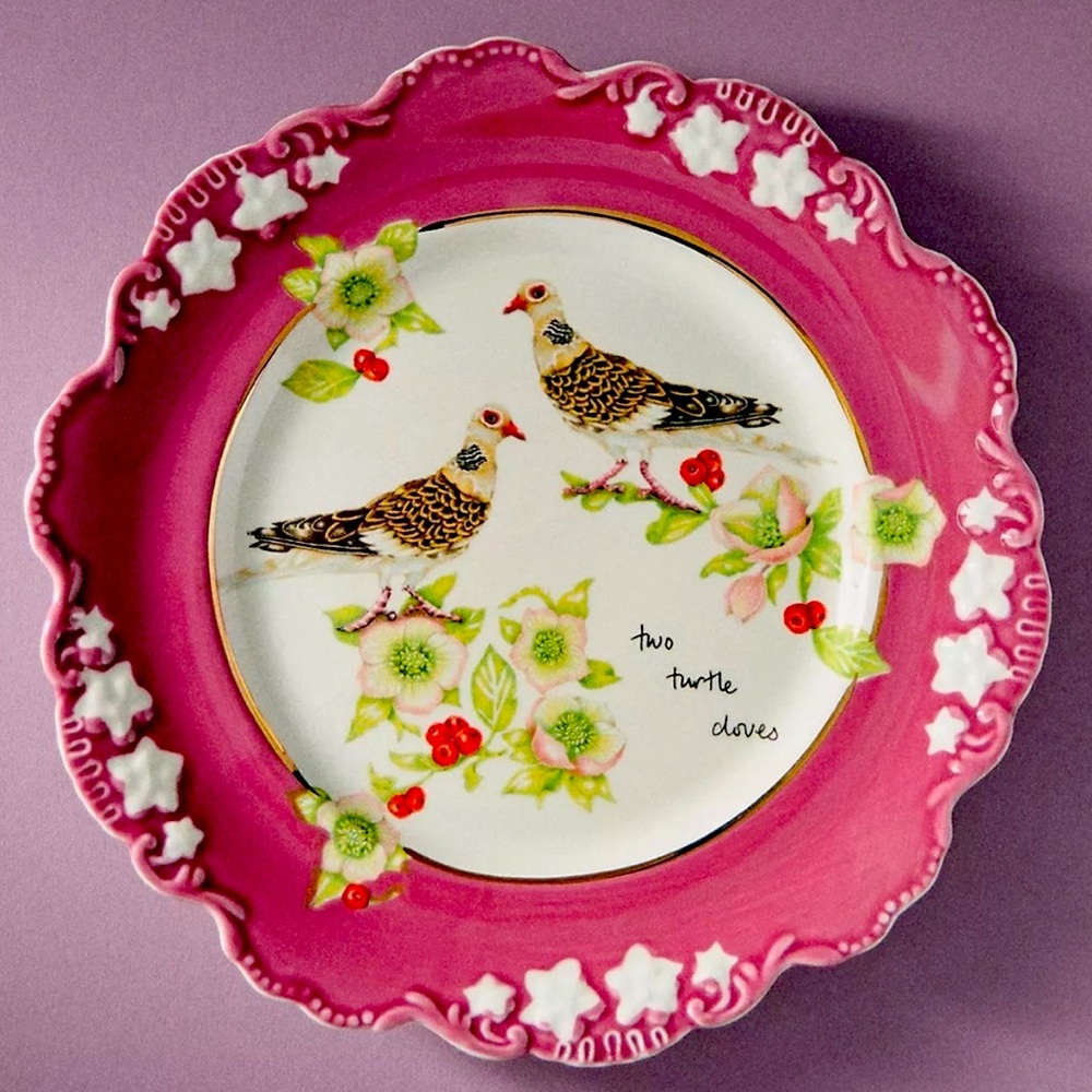 Anthropologie Lou Rota Plate 12 Days of Christmas TWO TURTLE DOVES Dessert NEW